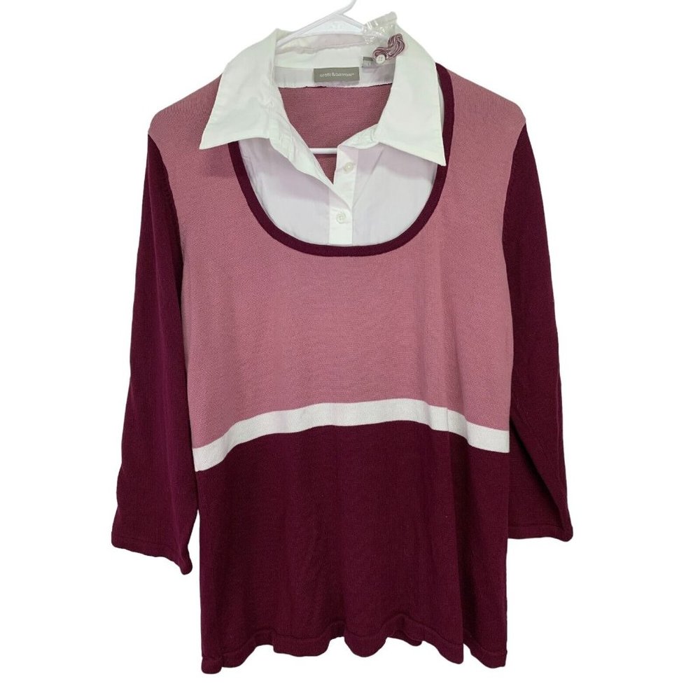 Croft & Barrow XL Womens Pullover Shirt‎ Sweater Collared Pink White Academia